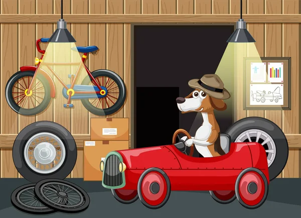 Hund Fährt Auto Garage — Stockvektor