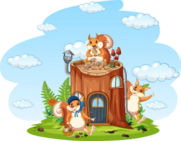 Scene Three Squirrels House Illustration — Stock Vector