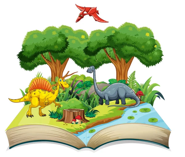 Opened Book Various Dinosaurs Cartoon Illustration — Stock Vector