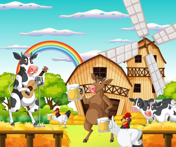 幸せな動物のイラストと屋外牛の農場のシーン — ストックベクタ