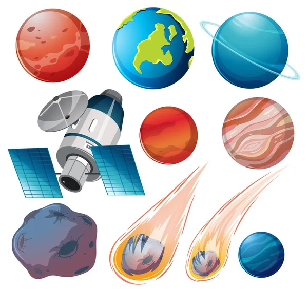 Set Space Planets White Background Illustration — Stock Vector