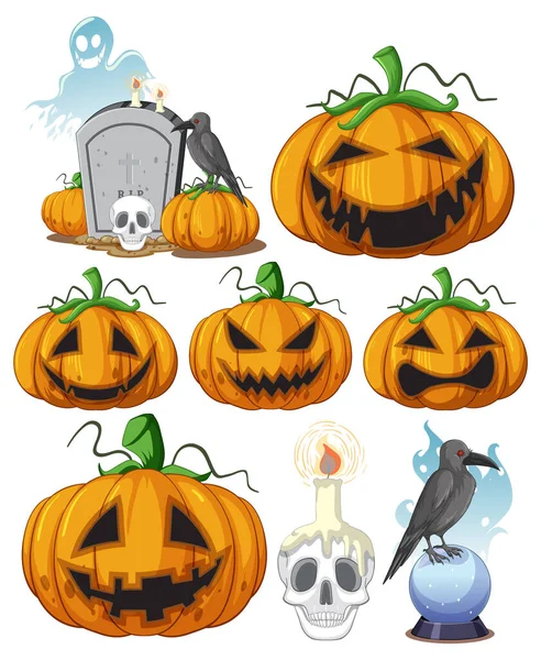 Conjunto Halloween Abóbora Corvo Ilustração —  Vetores de Stock