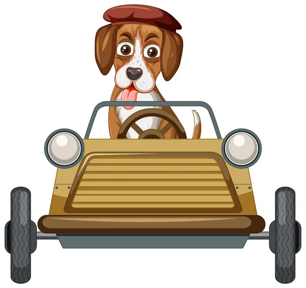 Funny dog cartoon character driving car on white background illustration