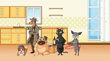 Mutfak resimlerinde farklı evcil hayvanlar var.