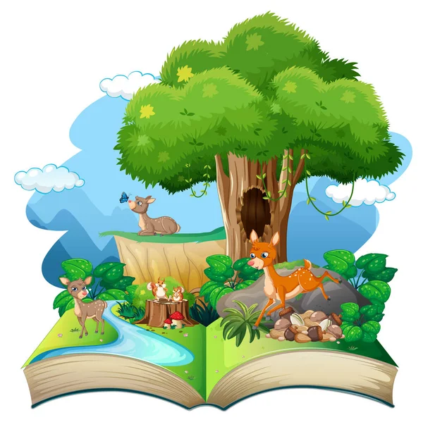 Open Book Forest Theme White Background Illustration — Stock Vector