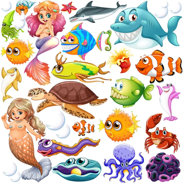 Διαφορετικοί Τύποι Θάλασσα Ζώα Εικονογράφηση — Διανυσματικό Αρχείο