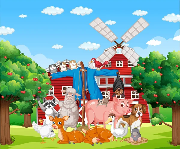 Farm Scene Many Animals Illustration — Stock Vector