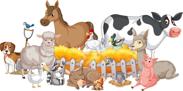 Farm Animals Sitting Fence Illustration — ストックベクタ