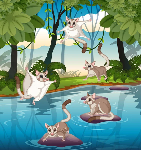 Scene Many Sugar Gliders Forest Illustration — Stock Vector