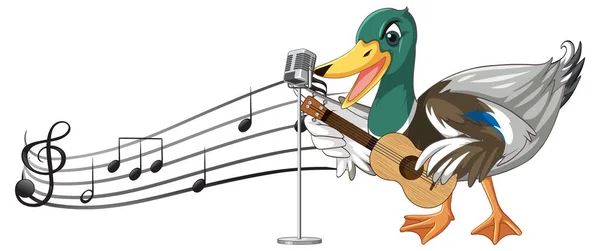 Die Ente Spielt Gitarre Ukulele Mit Notenillustration — Stockvektor