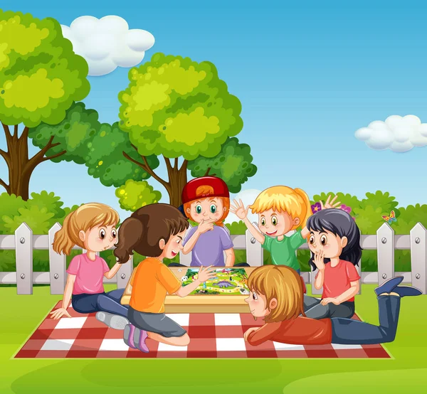 Çocuklar Bahçede Piknik Yapıyor — Stok Vektör