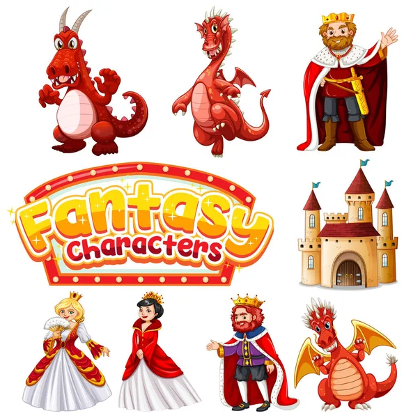 Conjunto Dragón Personajes Dibujos Animados Cuento Hadas Ilustración — Vector de stock