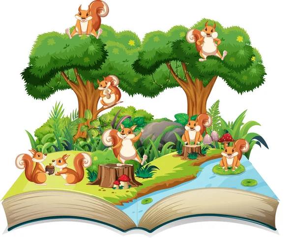Livro Histórias Com Muitos Esquilos Ilustração Selva —  Vetores de Stock