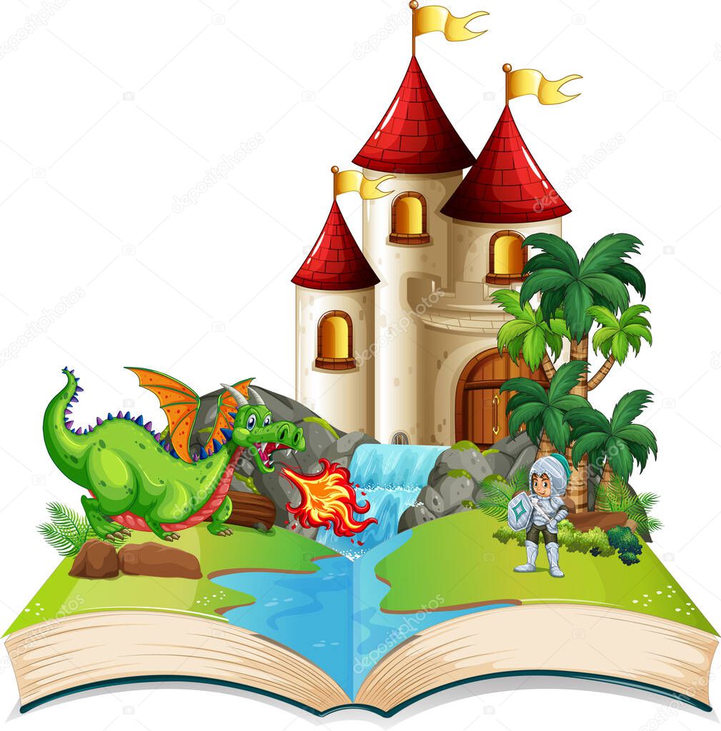 Book with scene of dragon and knight  fighting illustration