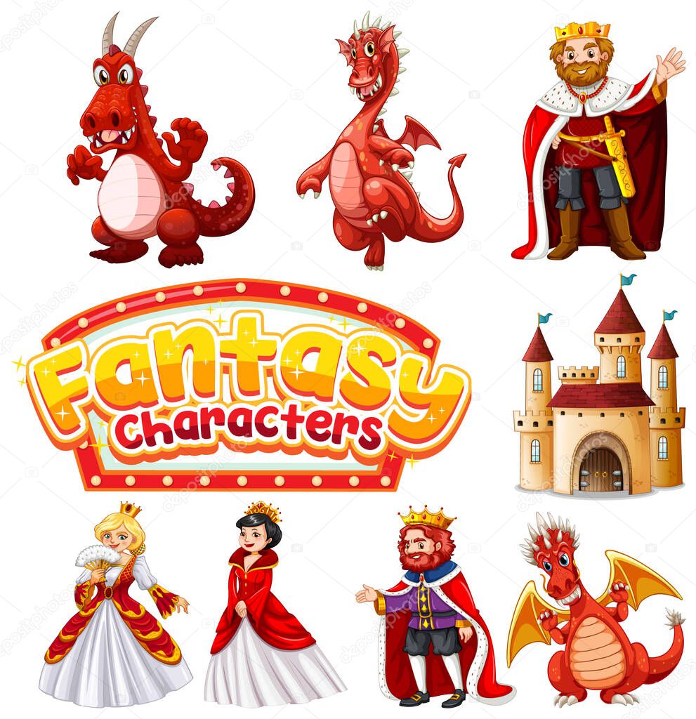 Set of dragon and fairy tale cartoon characters illustration