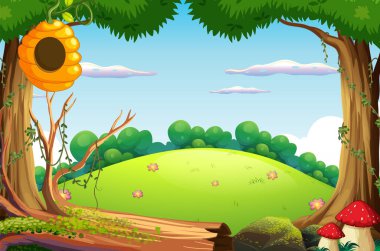 Yeşil çimenli ve birçok ağaç resimli sahne