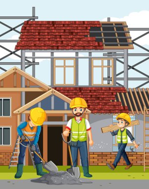 İşçi illüstrasyonlu ev inşaatı