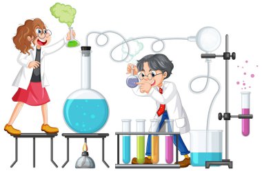 Laboratuvar çiziminde bilim deneyi yapan bir bilim adamı.