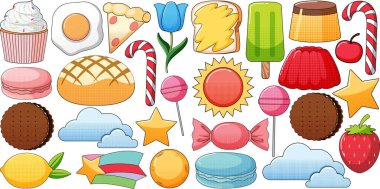 Beyaz arkaplan illüstrasyonunda klasik tarz çizgi film seti