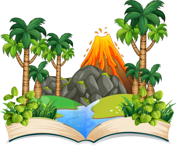 Libro Con Escena Erupción Volcánica Orillas Del Río Ilustración — Vector de stock