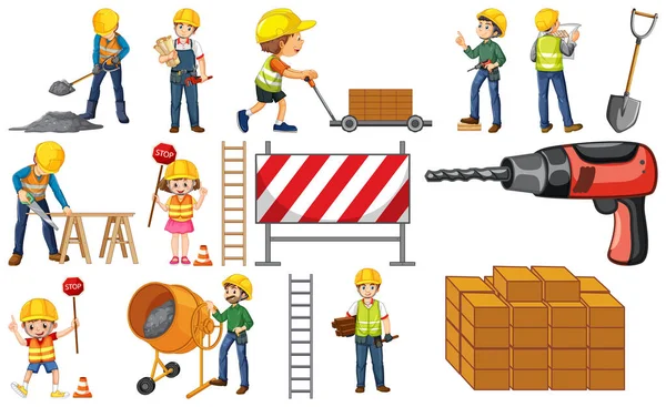 Bauarbeiter Mit Menschen Und Werkzeug — Stockvektor