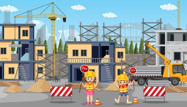 Construção Canteiros Obras Trabalhadores Ilustração — Vetor de Stock