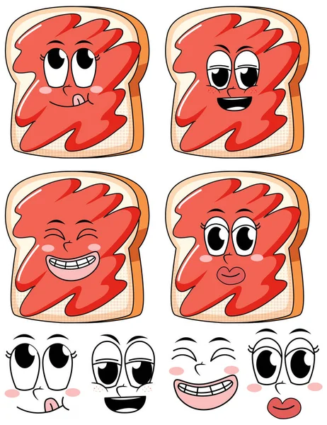 白色背景图上有果酱面包的一套面部表情老式卡通画 — 图库矢量图片