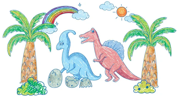 Illustrazione Gruppo Dinosauri Disegnati Mano Colorata — Vettoriale Stock