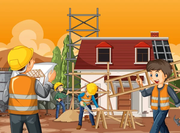 Construção Canteiro Obras Com Trabalhadores Ilustração —  Vetores de Stock
