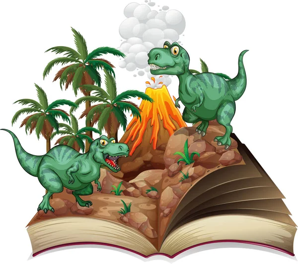由火山图解写成的带有两只霸王龙的故事书 — 图库矢量图片