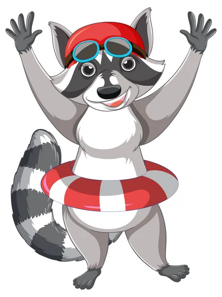 Raccoon Wearing Inflatable Ring Cartoon Illustration — Stock Vector