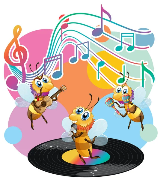 Bee Group Cartoon Music Melody Symbols Illustration — Stock Vector