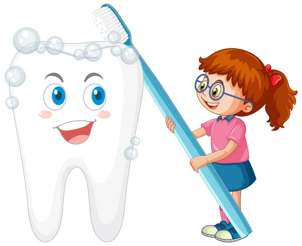 Happy Kids Brushing Big Tooth Toothbrush White Background Illustration — Stock Vector