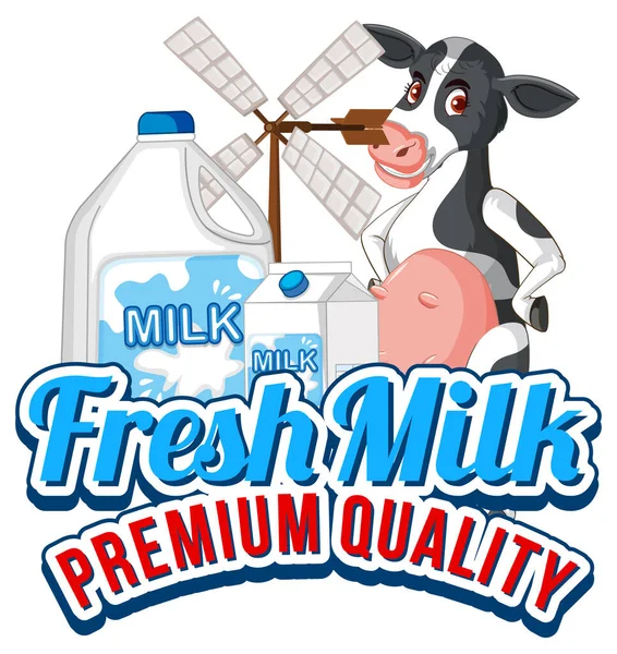 Fresh Milk Word Logo Dairy Cow Cartoon Illustration — Stock Vector