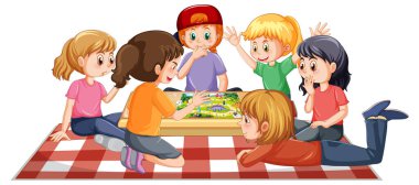 Beyaz arkaplan illüstrasyonunda oyun oynayan mutlu çocuklar