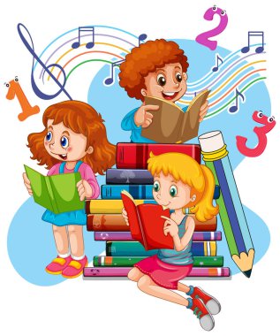 Üç çocuk bir yığın kitap illüstrasyonunda kitap okuyor.