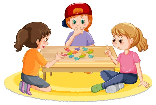 快乐的孩子在白色背景图上玩拼图游戏 — 图库矢量图片