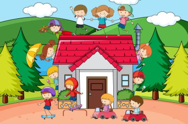 Birçok çocuk oyun parkı çizimde