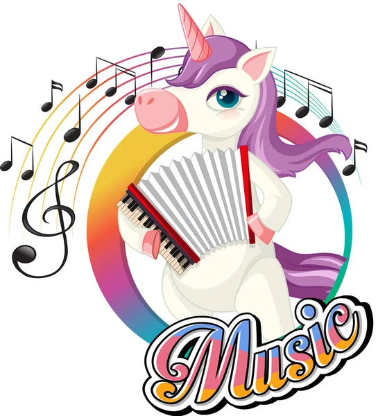 Cute Purple Unicorn Playing Accordion Music Notes White Background Illustration — Stock Vector