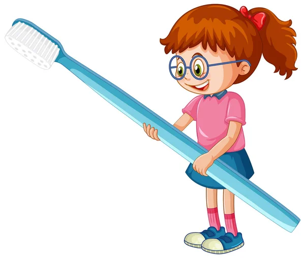 一个小女孩拿着牙刷在白色的背景图上 — 图库矢量图片