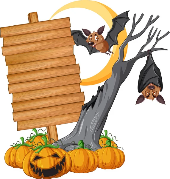 Puste Drewniane Signboard Nietoperzem Ilustracji Motyw Halloween — Wektor stockowy
