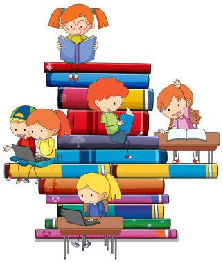 Bir çocuk bir yığın kitap illüstrasyonunda kitap okuyor.