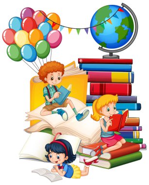 Üç çocuk bir yığın kitap illüstrasyonunda kitap okuyor.