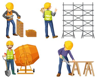 İnsan ve araçlarla çizilmiş inşaat işçisi