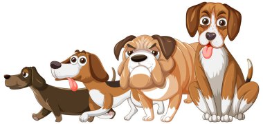 Beyaz arkaplan illüstrasyonunda farklı bir köpek grubu