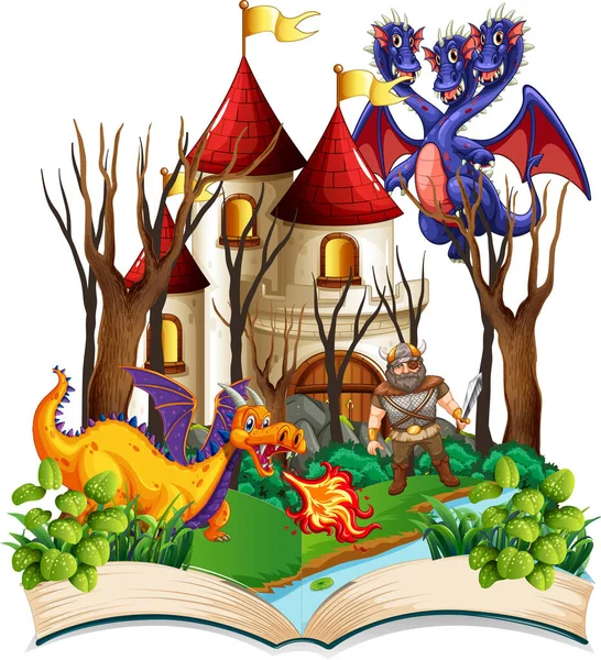 Livre Avec Scène Chevalier Dragons Combattant Illustration — Image vectorielle