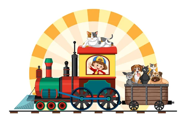 Girl Her Dogs Toy Train Illustration — Stock Vector