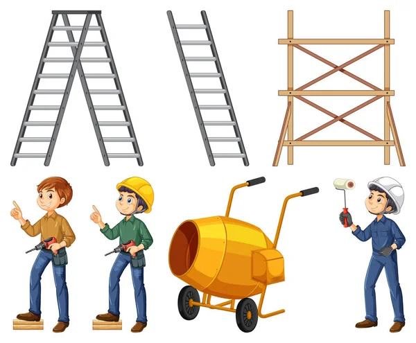 Set Construction Site Objects Workers Illustration — Stock Vector