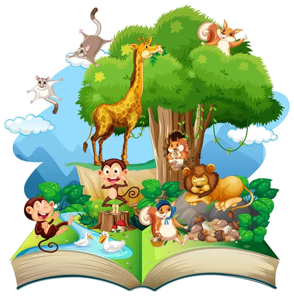 Άνοιγμα Θέμα Δάσος Βιβλίο Ζώο Λευκό Φόντο Εικονογράφηση — Διανυσματικό Αρχείο