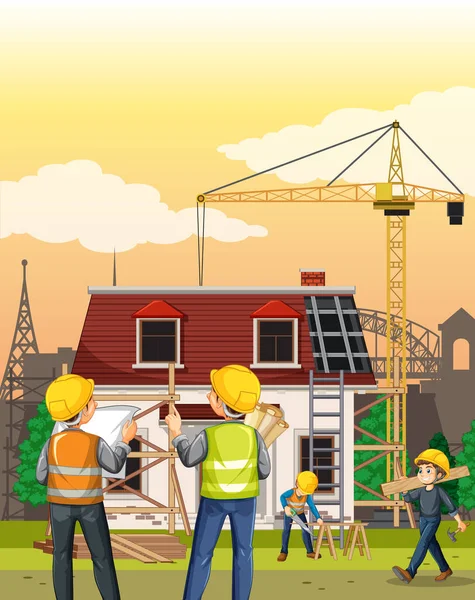 Construcción Obra Con Ilustración Los Trabajadores — Vector de stock